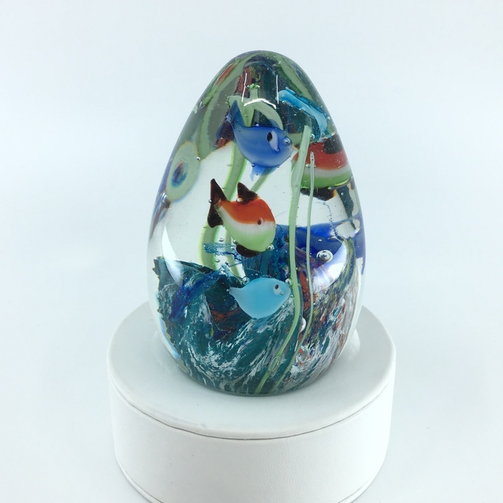 Vintage Murano Style Art Glass Paperweight Aquarium Fish Ocean Decor‎ Egg Shaped
